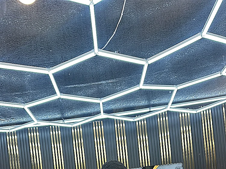 Techo de paneles de luz blanca sobre muros negros con listones dorados